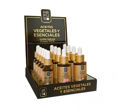 Aceites vegetales y esenciales Kefus 15ml. Expositor 12 uds.