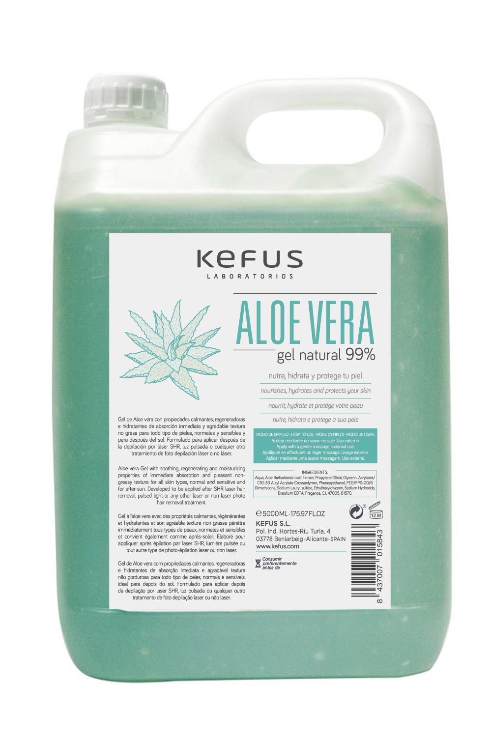 Gel de Aloe Vera Natural verde Kefus 5000 ml